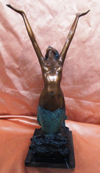 GORGEOUS SIGNED SIREN BRONZE STATUE WITH MARBLE STAND