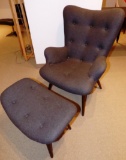 NEW DARK GREY TUFTED FABRIC CHAIR WITH STOOL