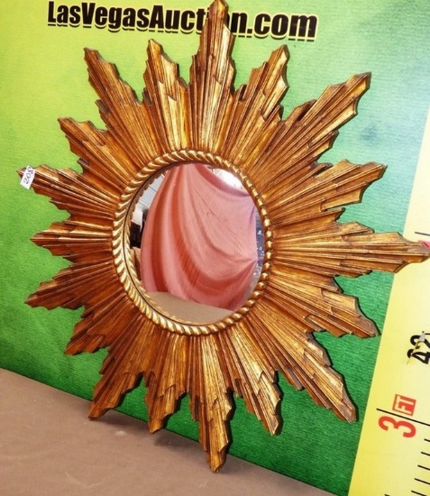 32" ROUND GOLD SUN WOOD FRAMED MIRROR