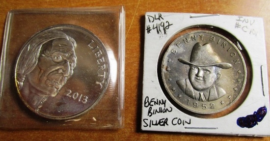 TWO 1oz .999 SILVER COINS INCL. 1952 BENNY BINION COIN