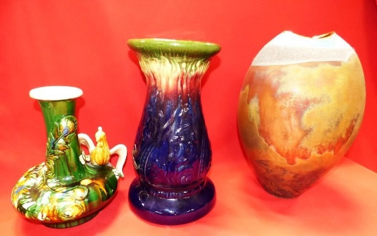 COLORFUL POTTERY LOT OF 3  VASES