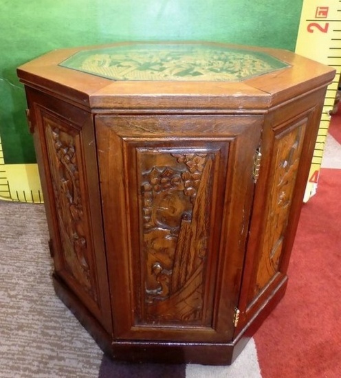 MASTERFULLY HANDCARVED END TABLE W/ GLASS TOP