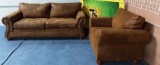 BROWN SUEDE COUCH & MATCHING CHAIR