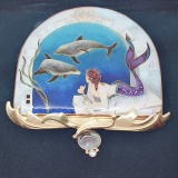 18KT YELLOW GOLD MERMAID AND DOLPHIN ENAMEL PENDANT