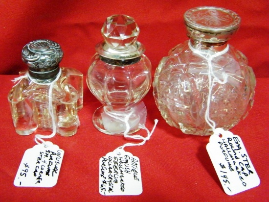 3 ANTIQUE 1880's ENGLISH CRYSTAL PERFUME BOTTLES