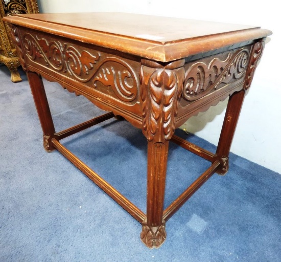 RECTANGULAR CARVED MAHOGANY END TABLE