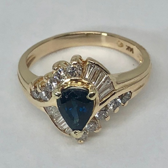 14KT YELLOW GOLD BLUE SAPPHIRE & DIAMOND RING