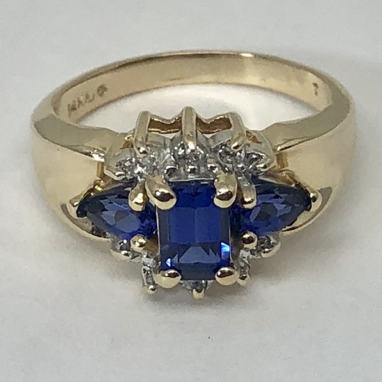 14KT YELLOW GOLD BLUE SAPPHIRE & DIAMOND RING