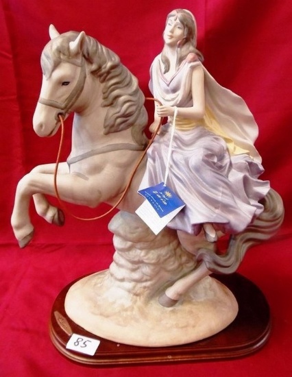 20" TALL SCULPTURE - LADY ON HORSE ON WOOD BASE - DANOR