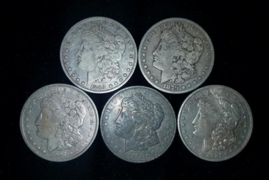 LOT OF 5 SILVER MORGAN DOLLARS - SEE PICS FOR YEARS & CONDITION