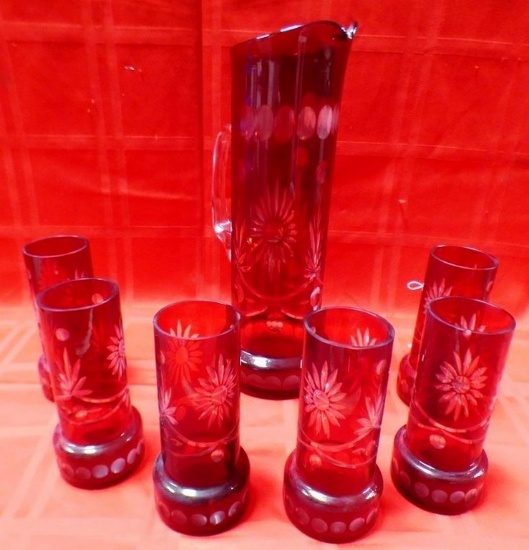 RUBY RED CRYSTAL PITCHER & GLASSES