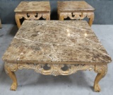 SET OF THREE MATCHING MARBLE TOP COFFEE & (2) END TABLE SET