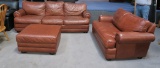 3PC BROWN LEATHER COUCH, CHAIR, & OTTOMAN