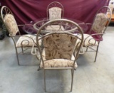 GLASS TOP TABLE & 4 TAN FABRIC CHAIRS