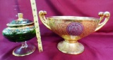 GREEN GLASS CANDY DISH & GOLD FRUIT BOWL