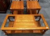 OAK COFFEE TABLE W/ GLASS INSERTS & 2 END TABLES