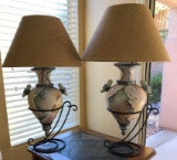 PAIR OF DESIGNER LAMPS WITH METAL VASE STANDS