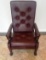 MAHOGANY FRAMED CARVED ARM CHAIR W/ ADJUSTABLE BACK