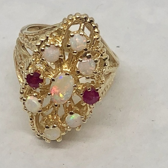 14KT YELLOW GOLD OPAL AND RUBY  RING