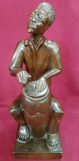 14" TALL WOOD SIGNED CARVING - DRUMMER