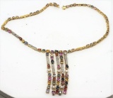 18KT YELLOW GOLD MULTI COLOR SAPPHIRE DIAMOND NECKLACE