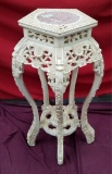 ROSE MARBLE TOP CARVED PEDESTAL TABLE - 32