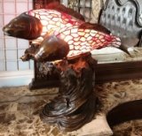 LEADED GLASS FISH SHADE BRONZE BASE TABLE LAMP