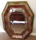 WOOD RED & GREEN HAND PAINTED ANTIQUE MIRROR