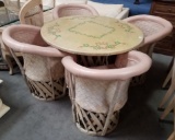 INDOOR/OUTDOOR ROUND TABLE & (4) LEATHER ROSE COLOR CHAIRS