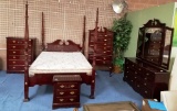 6 PIECE - QUEEN 4 POSTER CHERRY WOOD BEDROOM SET (NO MATT & BOX)