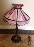 LEADED GLASS SHADE TABLE LAMP (PURPLE & WHITE SHADE)