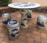 CERAMIC BLUE & WHITE TABLE WITH (4) MATCHING GARDEN STOOLS