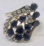 14KT YELLOW GOLD BLUE SAPPHIRE AND DIAMOND RING