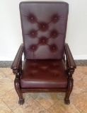 MAHOGANY FRAMED CARVED ARM CHAIR W/ ADJUSTABLE BACK