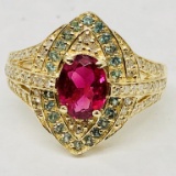 14KT YELLOW GOLD TOURMALINE GREEN SAPPHIRE & DIAMOND RING