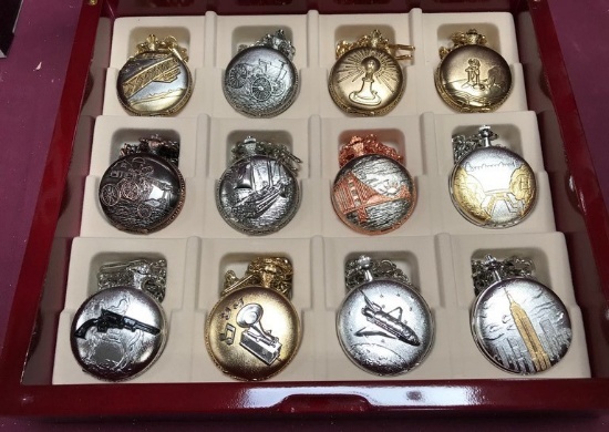 LOT OF TWELVE POCKET WATCHES IN DISPLAY CABINET