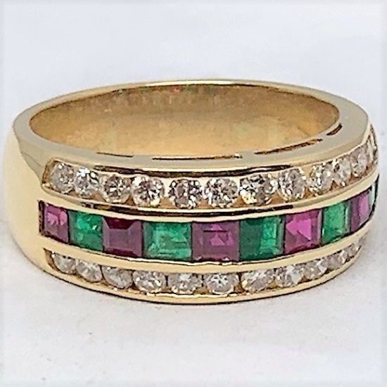 18KT YELLOW GOLD RUBY/EMERALD /DIAMOND RING