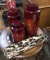 LOT OF THREE RED VASES W/ LIDS AND TRAY