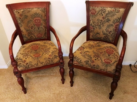 PAIR OF MAHOGANY FRAMED ARM CHAIRS W/ FLORAL PRINT