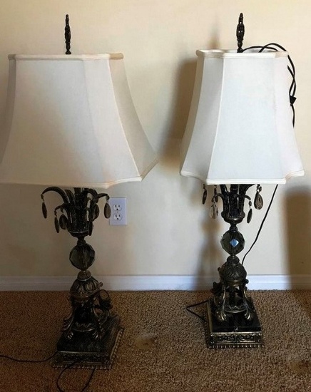 PAIR OF ORNATE MATCHING LAMPS WITH WHITE SHADES