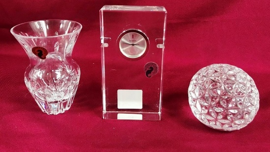 LOT OF (3) SIGNED WATERFORD PIECES (VASE, CLOCK, & PAPERWEIGHT)
