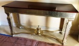 DESIGNER MAHOGANY TOP & SILVER FRAMED CONSOLE TABLE