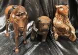 NICE LEATHER CAMEL & (2) WOOD CARVINGS