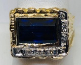 14KT YELLOW GOLD LAB CREATED SAPPHIRE AND DIAMOND RING 11.6GRS