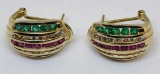 14KT YELLOW GOLD EMERALD/RUBY/SAPPHIRE/DIAMOND EARRINGS 5.5GRS