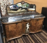 LARGE ENGLISH SIDEBOARD W/ MARBLE TOP & MIRRORED BACK