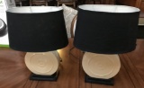 PAIR OF ROUND CERAMIC LAMPS W/ BLACK SHADES