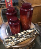 LOT OF THREE RED VASES W/ LIDS AND TRAY