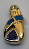 14KT YELLOW GOLD TANZANITE AND OPAL INLAY AND DIAMOND PENDANT