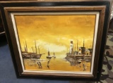 VINTAGE SIGNED CANVAS ARTWORK - SUNSET & SAIL BOATS